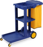 TUFFIOM Commercial Traditional Cleaning 3-Shelf Janitorial Cart, 500 Lbs Capacity Housekeeping Cart, Wheeled with Yellow VinylBag and Cover w Lid, Blue,