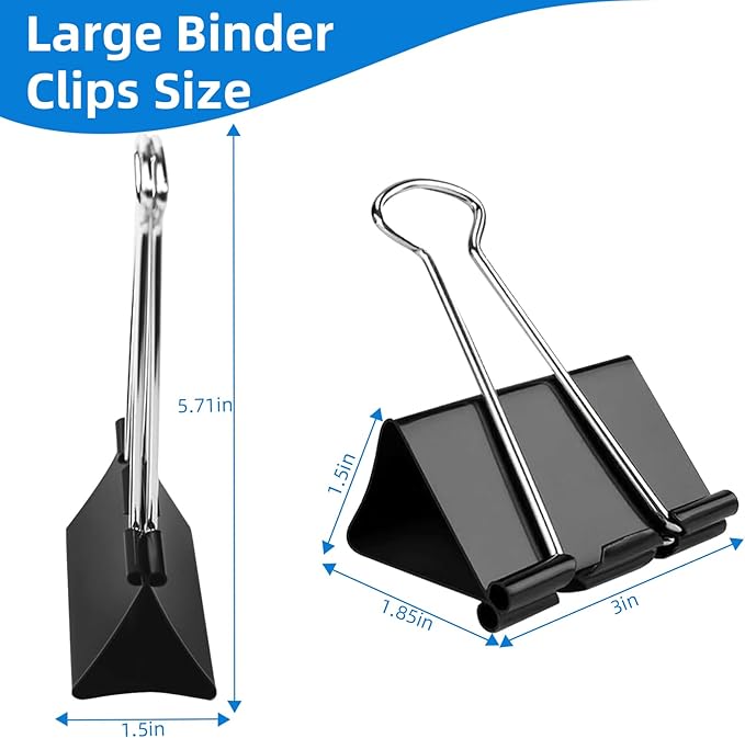 Jumbo Binder Clips 3 inch,75mm Width,6 Pack Extra Large Binder Clips for Office,School and Home Organization,Black