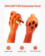 VEVOR 50 Amp RV Extension Cord 50 Feet, Heavy Duty STW 6/3+8/1 AWG Power Cord NEMA 14-50P to 14-50R, with 15A Adapter, LED Power Indicator, for RV Generator Camper, ETL Listed