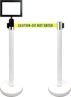 Retractable Stanchion, 6 SPECIALTY Posts + Signframe, 36" Ht, 78" Special Event & Holiday Theme Belt + Bonus Replacement Cassettes + Wall Receiver (WHT Post/Caution Belt)