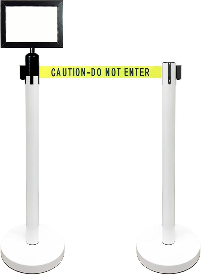 Retractable Stanchion, 6 SPECIALTY Posts + Signframe, 36" Ht, 78" Special Event & Holiday Theme Belt + Bonus Replacement Cassettes + Wall Receiver (WHT Post/Caution Belt)
