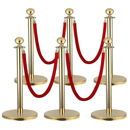 6 PCS Stainless Steel Stanchion Post,5Ft Red Velvet Rope, Hollow Base and Velvet Ropes Safety Barriers Set, Poles Crowd Control Barriers for Red Carpet Themed Decoration (6)