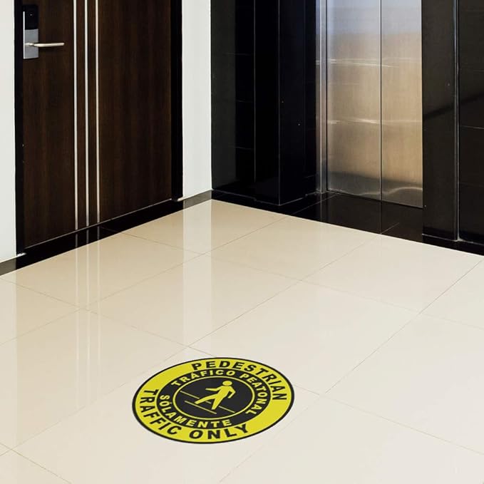Spanish Safety Signs Floor Decals Pedestrian Traffic Only Yellow Anti-Slip Round Shape Business Industrial Stickers 36Inches Longer Side