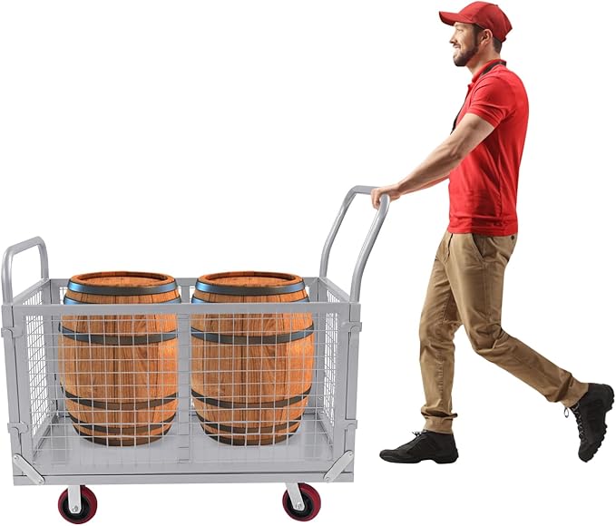 Large Platform Truck Cart, 440LBS Heavy Duty Push Cart Dolly with Cage, 39 x 24in Steel Flatbed Carts Flat Dollys Hand Trucks for Groceries, Garage, Warehouse, Equipment