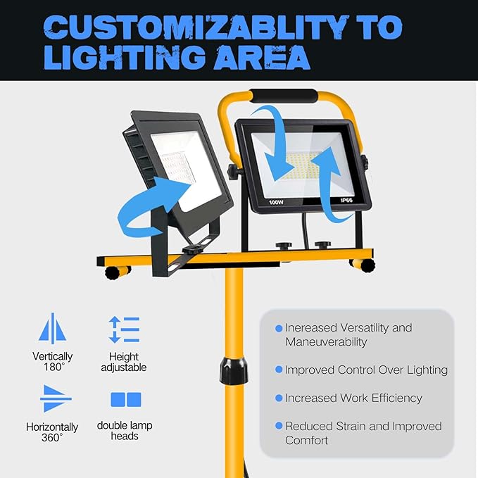 21000 Lumen Work Lights with Stand, 3 Adjustable Head LED Work Light, with Adjustable and Foldable Tripod Stand, Waterproof Lamp with Individual Switch with 6500 Kelvin Color (2-Head-Yellow)