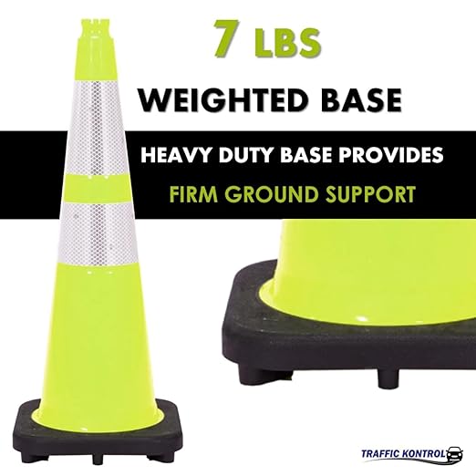 3 Pack 28" Inch Lime Traffic Safety Cones with Dual Reflective Collars - High Visibility Industrial Pylons Traffic Cones for Road, Parking Lots, Driving, Construction