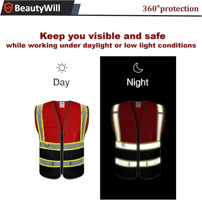 5 Pack Custom Mesh Safety Vest Customized Logo Class2 High Visibility Reflective Vest with Pockets Construction workwear（Red Black，4XL ）