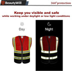10 Pack Custom Safety Vest Customized Logo Mesh Vest Class 2 High Visibility Reflective Vest with Pockets Workwear（Red Black，L ）