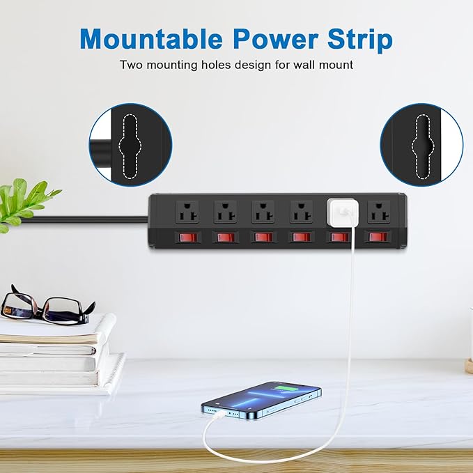CCCEI Metal Power Strip Individual Switches 6 Outlets, Heavy Duty Power Strip 20Amp Surge Protector for Appliances, 6FT Extension Cord Strip, 1200J Surge Protector 20A 125V 2500W.