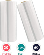 20" x 5000 Ft Machine Stretch Wrap, 63 Gauge Industrial Strength Pallet Wrap, Clear 60 Rolls