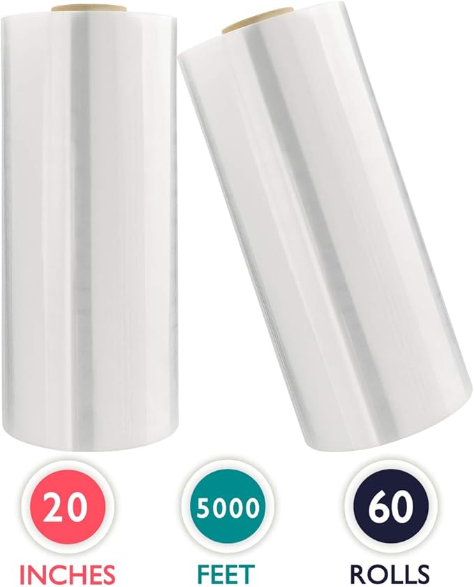 20" x 5000 Ft Machine Stretch Wrap, 63 Gauge Industrial Strength Pallet Wrap, Clear 60 Rolls