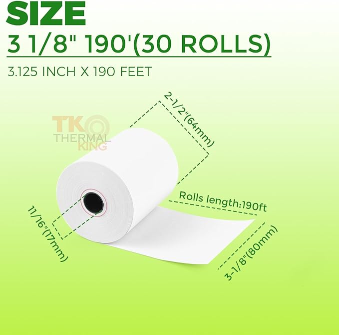 (30 Rolls) 3 1/8" x 190' Thermal Paper, POS Receipt Paper for Retail Business Cash Register, Fits Most Credit Card Terminal