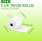 (30 Rolls) 3 1/8" x 190' Thermal Paper, POS Receipt Paper for Retail Business Cash Register, Fits Most Credit Card Terminal