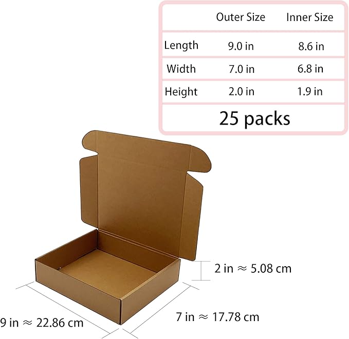 Shipping Boxes 9x7x2 inch 25 Pack,Brown Corrugated Boxes Mailer Packaging for Mailing Small Business，E-Commerce Gift Boxes for Wrapping Present Moving Storage Heavy Duty Recycled Cardboard Boxes