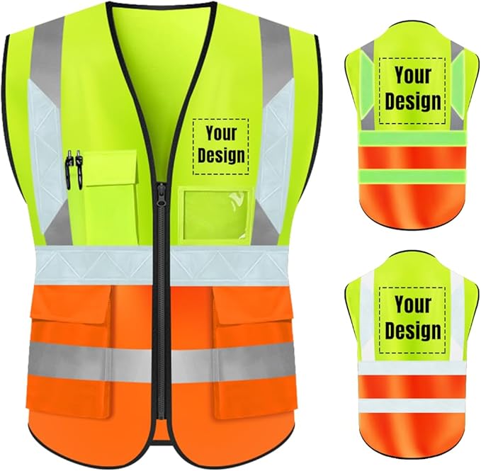 YOWESHOP High Visibility Safety Vest Custom Your Logo Protective Workwear 5 Pockets With Reflective Strips Outdoor Work Vest (M, Yellow Orange Luminous)
