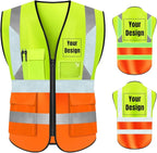 YOWESHOP High Visibility Safety Vest Custom Your Logo Protective Workwear 5 Pockets With Reflective Strips Outdoor Work Vest (S, Yellow Orange Luminous)