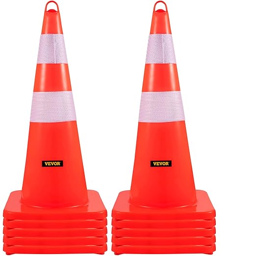 VEVOR Safety Cones, 10PCS 28" Traffic Cones, PVC Orange Construction Cones, 2 Reflective Collars Traffic Cones with Weighted Base and Hand-Held Ring Used for Traffic Control, Driveway Road Parking
