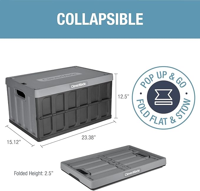 CleverMade Collapsible Storage Bins with Lids- Obsidian 3 Pack 62L - Plastic Containers Stackable Organization Crates Home Closet Space-Saving Durable