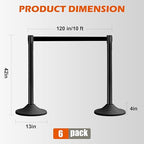 6 Pack Black Crowd Control Stanchions with 10FT Retractable Belts, Rubber Base Posts for Event Queue and Crowd Management