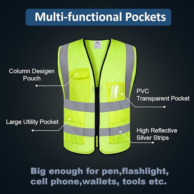 5 Pack Mesh Safety Vest Custom Logo Class 2 High Visibility Reflective Vest with Pockets Construction Security Work Vest（Yellow，S）