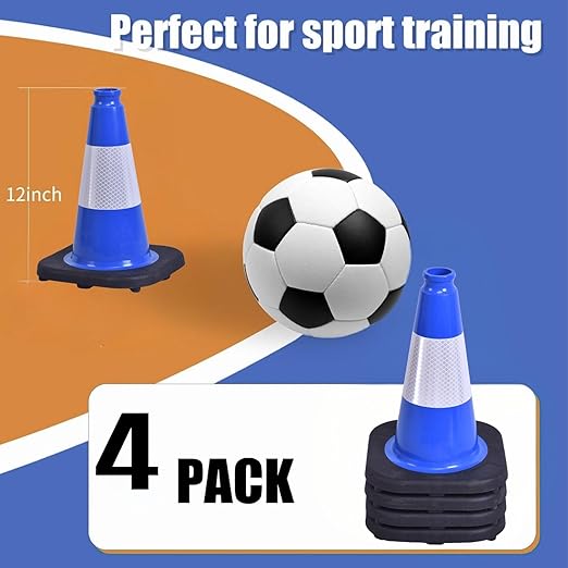 BESEA 4Pack 18 Inch Blue Traffic Cones with 6 Inch Reflective Collar, Heavy Duty PVC Safety Cones with 10.5 x 10.5 Inch Base for Parking, Driving Practice, Sports Training, and Construction