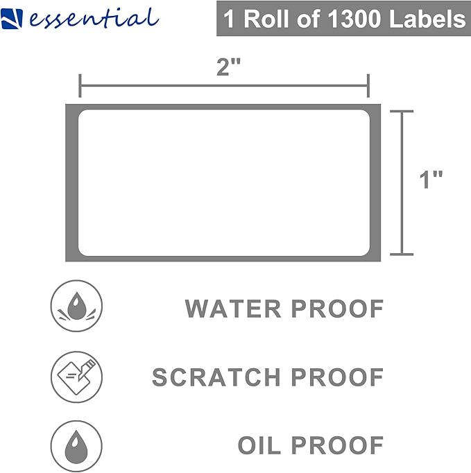 ESSENTIAL 2"x 1" White Direct Thermal Barcode Labels, Shipping Label, Compatible with Zebra & Rollo Label Printer, 1300 Labels of Roll (1 Roll)