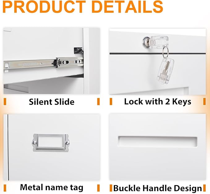 File Cabinet 4 Drawer, Lateral Filing Cabinet with Lock, Metal File Cabinets for Home Office, Office Cabinet for Hanging Files Letter/Legal/F4/A4, Assembly Required, White