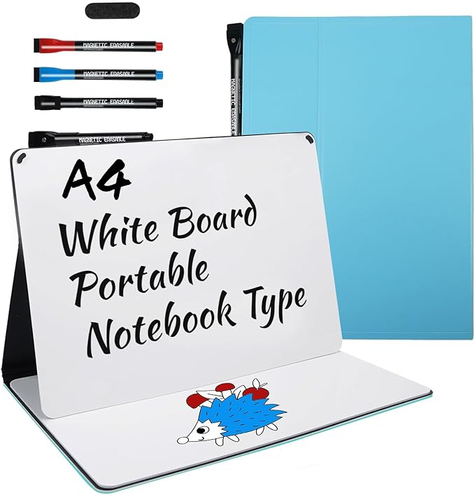 Portable White Board Small Dry Erase Board, 9" x 12" Double Sided Folding Whiteboards with 3 Pens, A4 Reusable Notebook with Storage Mesh Bag for Study, Meeting, Draft, Notes, Doodling