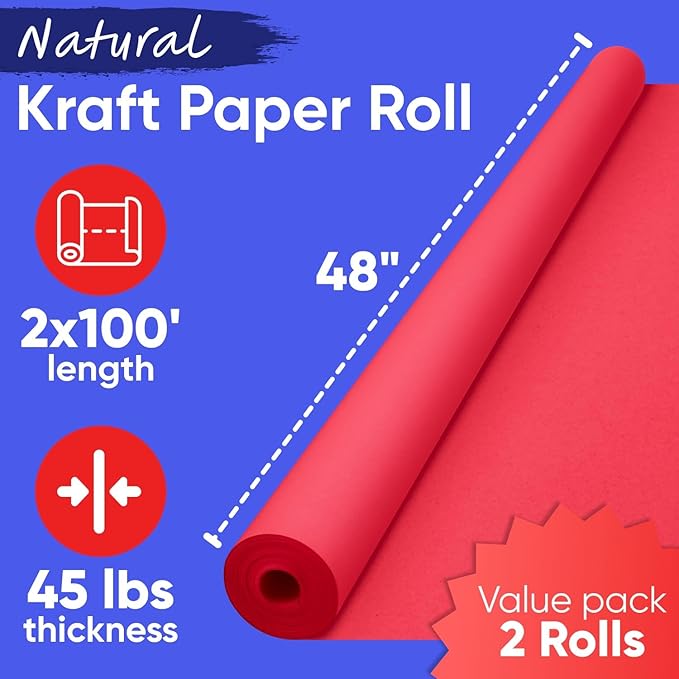 48" x 1200" (100 ft) Red Kraft Paper Roll (Value Pack of 2), 45 lbs Thickness, Made in USA Colored Kraft Paper for School, Bulletin Board - Odorless, Non-Toxic, Safe for Kids