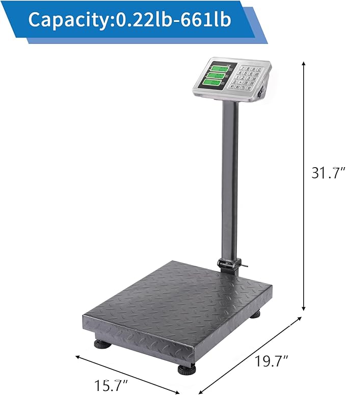 TUFFIOM 661lbs Electronic Industrial Commercial Platform Scale,Stainless Steel High-Definition LCD Display,Digital Floor Heavy Duty,Luggage Package Price Computing Postal Shipping Mailing，Grey