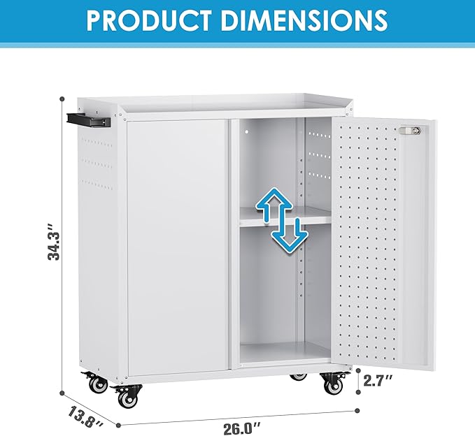 Garage Storage Cabinet with Wheels & Pegboard, 34.3" H Locking Metal Storage Cabinet with Doors and Shelf & 4 Hooks for Garage, Home, Workshops, Small Tool Cabinets, Assembly Required, White