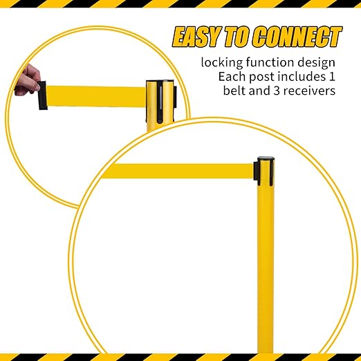 6PACK Crowd Control Stanchions Yellow Set BESEA Heavy Duty Crowd Control Barriers with 10' FEET Black Retractable Belt, Heavy Duty Rubber Base, Easy to Install (6PACK)