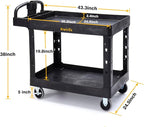 ELAFROS Extra Large Heavy Duty Plastic Utility Work Cart 43.5 x 24.6 Inch – 2 Tier Work Cart with Deep Tub Shelves, Ergonomic Handle, 5 Inch Casters, 550 lbs Capacity, Black