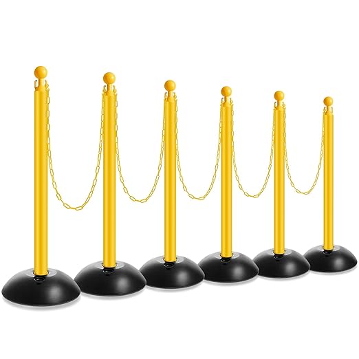 Amylove Plastic Stanchion Post Set, Traffic Warning Line Stanchion Crowd Control Safety Barriers Driveway Barrier with 5 Chains and 10 S Hooks for Outdoor Indoor Parking (Yellow,6 Pcs)