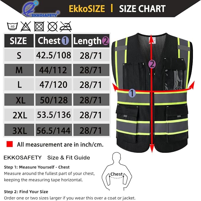 9 Pockes Black Reflecive Safety Vest for Men with Double Stitching Knots around All Pockets and Zipper High Visibility Mesh Construction Work Vest,Meets ANSI/ISEA Standards(EK176-Black-3XL)