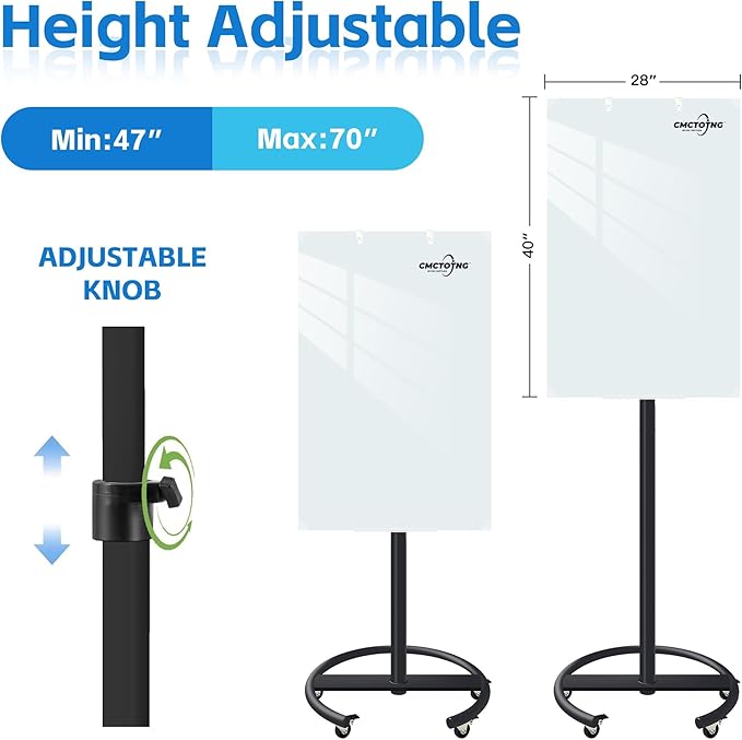 Rolling Magnetic Glass Whiteboard Standing - Small Portable Wheels Dry Erase White Board Stand with Strong Magnets, Ideal for Office, Home and Classroom(28'' X 40'')