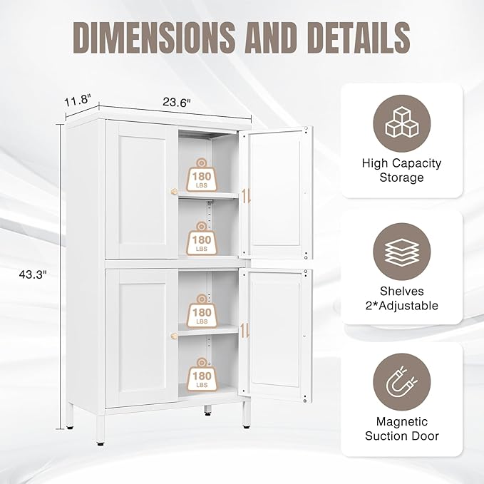 Yizosh Metal Pantry Cabinet,Tall Kitchen Pantry Storage Cabinet with 4 Doors and 2 Adjustable Shelves - 43" White Cupboard Cabinet for Kitchen,Living Room,Dining Room,Home