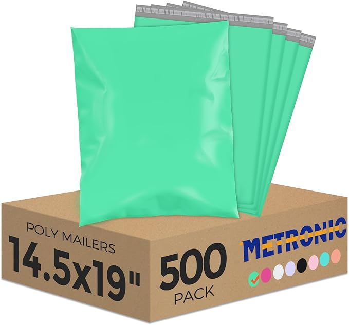 Metronic Poly Mailers 14.5X19 500Pack, Strong Adhesive Shipping Bags for Clothing, Waterproof Mailers Poly Bags for Small Businesses, Flexible Mailing Bags Packages Bags Green