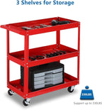 TUFFIOM 3 Tier Rolling Tool Cart, 330 Lbs Capacity, Red, 3 Shelves Steel Utility Cart for Garage, Workshop, Warehouse & Repair Shop