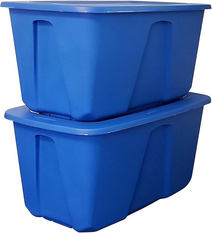 HOMZ 2-Pack Durable Molded Bin, Plastic Storage Containers with Lids, 32 Gallon, Blue - Stackable Organizer Totes and Boxes for Bedroom, Kitchen, and Garage Organization