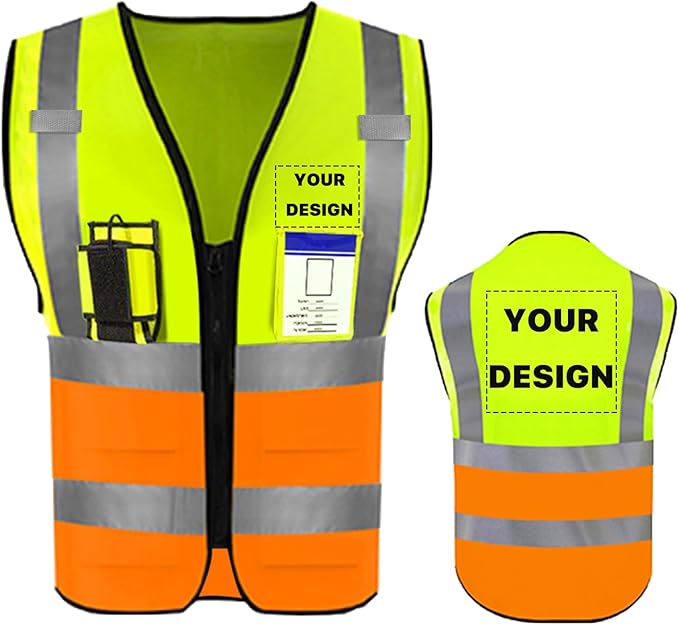 YOWESHOP High Reflective Visibility Safety Vest with Pockets and Zipper Custom Your Logo Safety Workwear