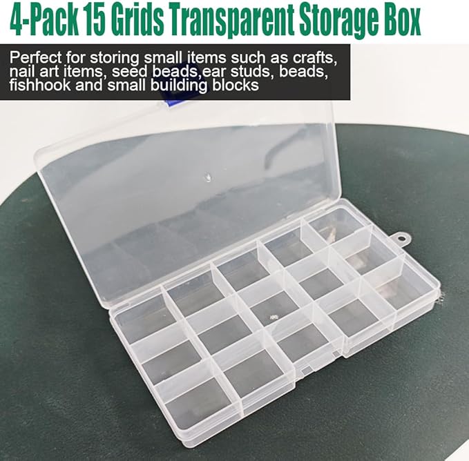 4 Pcs 15 Grids Clear Organizer Box Plastic Storage Container with Fixed Dividers Blue Buckle for Electronics Jewelry Beads Art DIY Crafts Small Parts Non-Adjustable Dividers