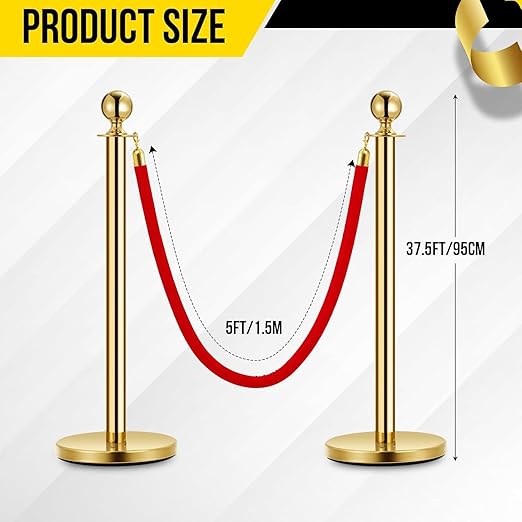 6PCS Gold Stanchion Post, 5 Ft Red Velvet Rope Stainless Steel Crowd Control Barriers Used for Theaters Parties Wedding Museums Exhibition