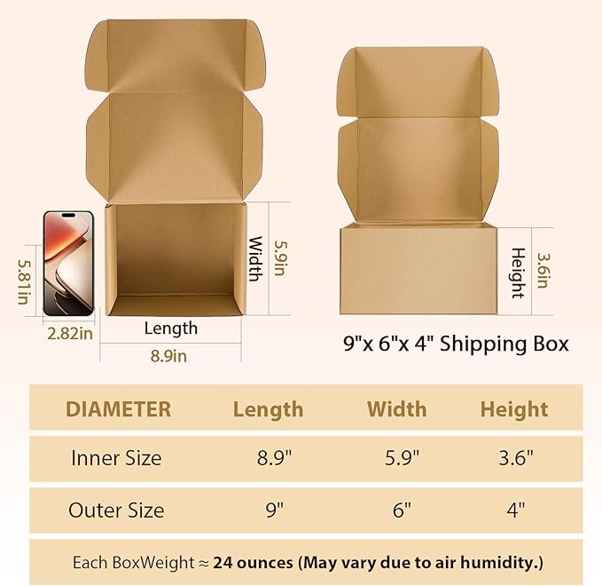 9x6x4 inches Shipping Boxes Set of 25, Small Corrugated Cardboard Box, Literature Mailer, Gift Boxes (Brown, 9x6x4)