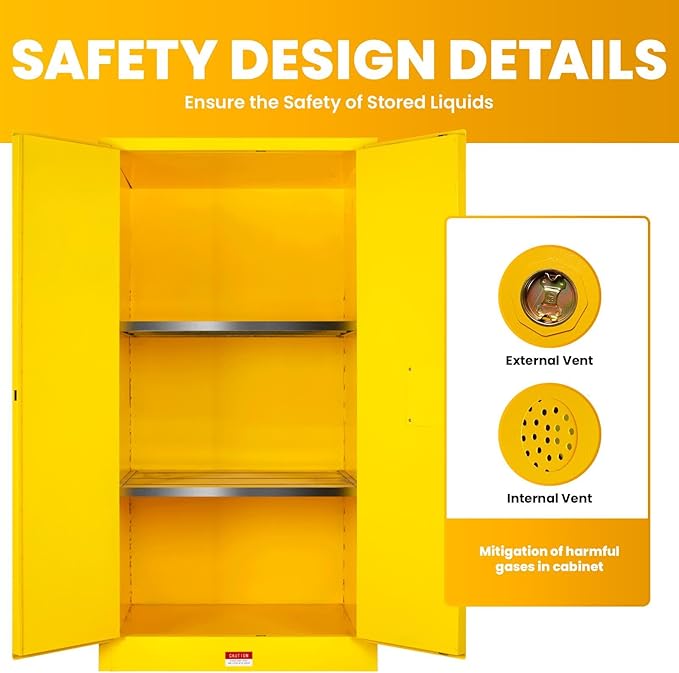 90 Gallon Yellow Flammable Storage Cabinet, Fireproof Steel Chemical Storage Locker with Adjustable Shelves, for Flammable Liquids, Industrial Use, Free Returns!