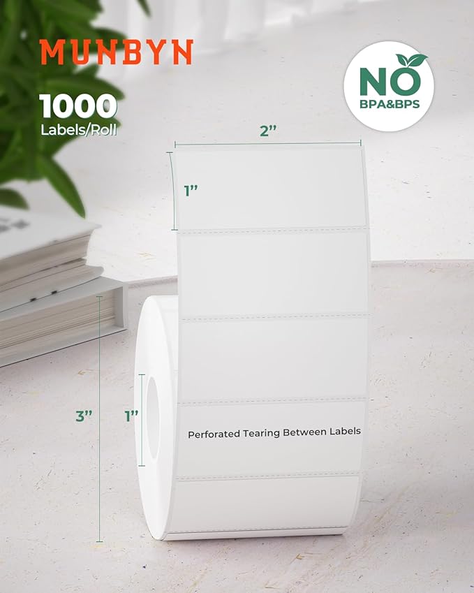 MUNBYN 2x1 Inch Thermal Sticker Labels, Address Barcode Self-Adhesive Label Paper for Direct Thermal Printer and Business, Shipping Mailing Name Rectangle White Stickers, 12000 Sheets/12 Rolls