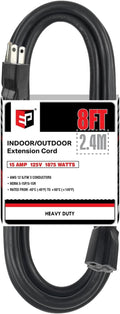 EP 8 Ft Outdoor Extension Cord - 12/3 SJTW Heavy Duty Black Extension Cable with 3 Prong Grounded Plug - Power Cord for Lawn, Garden, Appliances