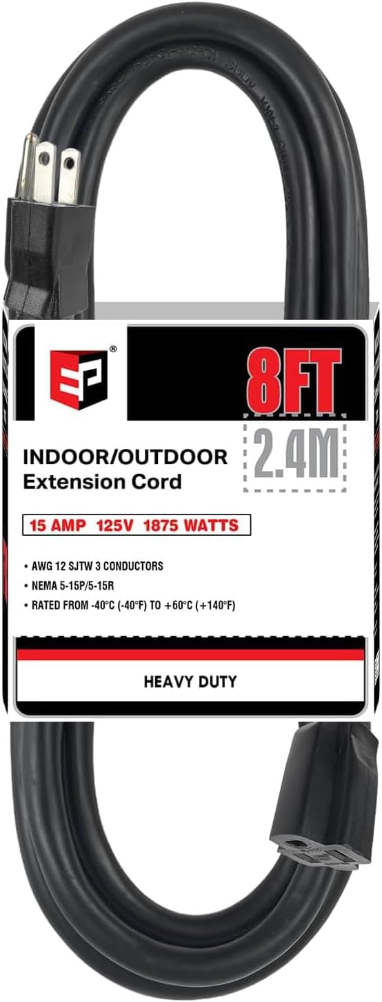 EP 8 Ft Outdoor Extension Cord - 12/3 SJTW Heavy Duty Black Extension Cable with 3 Prong Grounded Plug - Power Cord for Lawn, Garden, Appliances