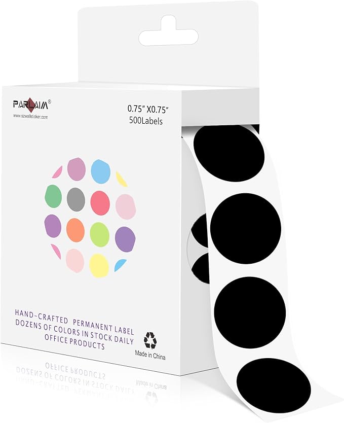 PARLAIM 3/4 Inch Color Coding Label Stickers,500PCS Circle Inventory Sticky Dots Sticker in Dispenser Box,Black Adhesive Round Dot Labels for Office Home