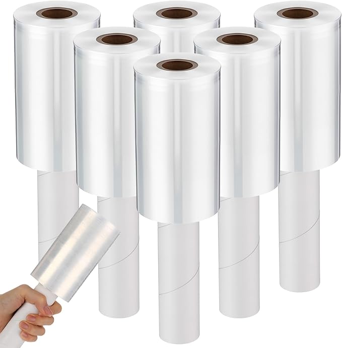 Frienda 6 Pcs 5 Inch Plastic Stretch Wrap Film Roll 500ft Clear Mini Moving Plastic Wrap Roll with Handle 80 Gauge Shrink Wraps Industrial Strength Shrink Film for Moving, Packing, Self Adhering